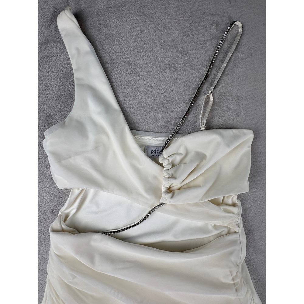 Oh Polly Ivory Ruched Mesh Mini Dress Rhinestone Chain Cutout One Shoulder US 4 - Picture 3 of 10